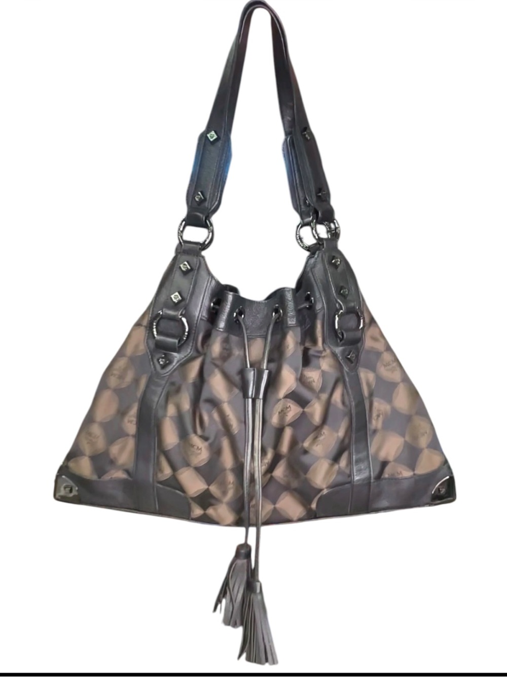 MCM Drawstring Shoulder Bag Brown Black Diamond Logo Nylon Leather
